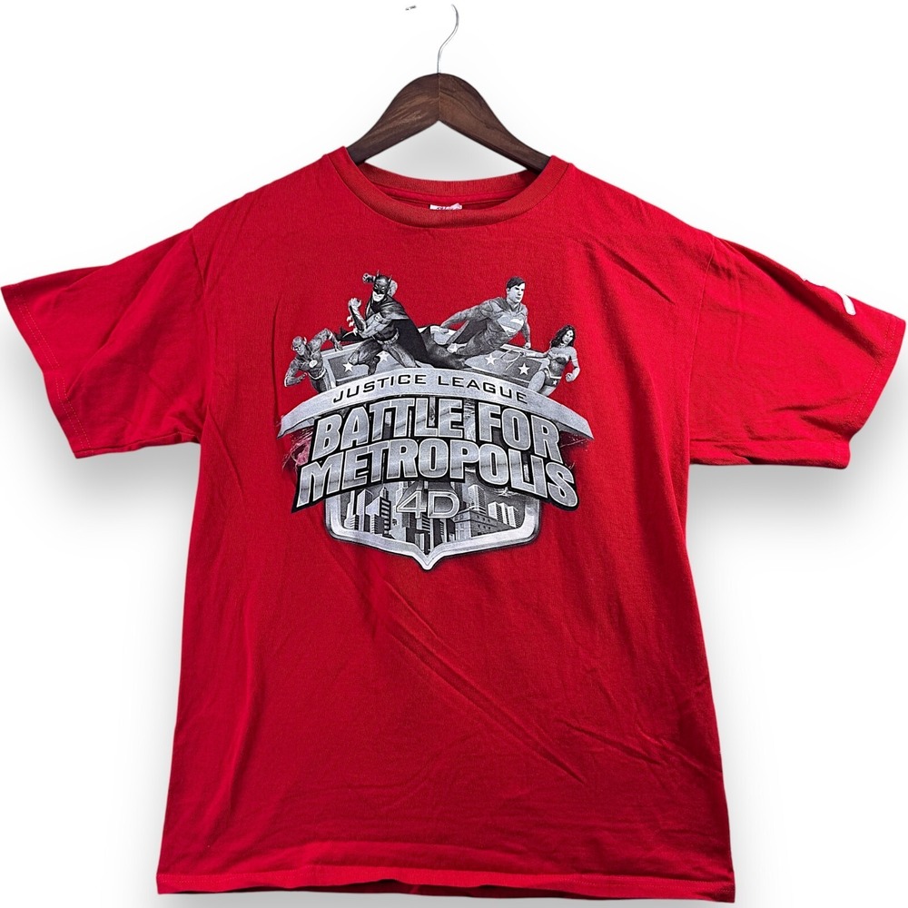 Justice League Battle for Metropolis 4D Youth Shirt XL Red Six Flags St Louis